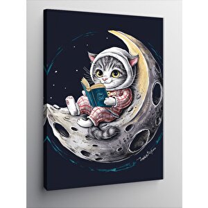 Kanvas Tablo Ay Üzerinde Kitap Okuyan Kedi 70x100 cm