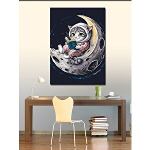 Kanvas Tablo Ay Üzerinde Kitap Okuyan Kedi 70x100 cm