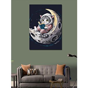 Kanvas Tablo Ay Üzerinde Kitap Okuyan Kedi 70x100 cm