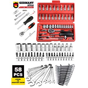 58 Parça 46mini Lokma Takımı Otomatik Cırcırlı 1/4" 12 Parça Kombine Açık Ağız-yıldız Anahtar Takım