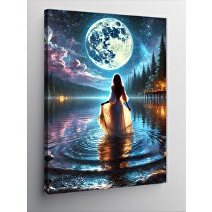 Kanvas Tablo Göldeki Kadın Ve Dolunay 100x140 cm