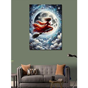 Kanvas Tablo Süpürgede Uçan Kadın Dolunay 70x100 cm