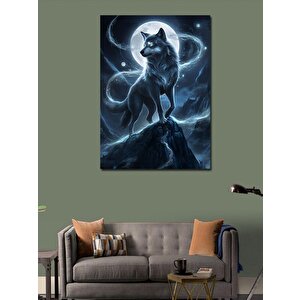 Kanvas Tablo Kayaların Üstündeki Kurt Ve Dolunay 100x140 cm