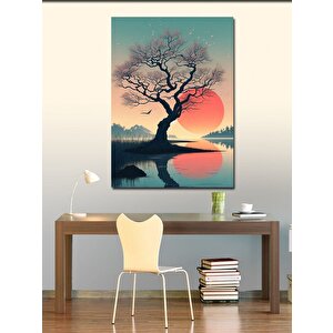 Kanvas Tablo Kırmızı Dolunay Ve Göldeki Ağaç 70x100 cm