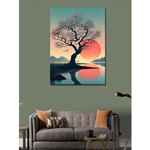 Kanvas Tablo Kırmızı Dolunay Ve Göldeki Ağaç 70x100 cm
