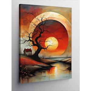 Kanvas Tablo Güneş Agaç Ve Ev Manzara 70x100 cm