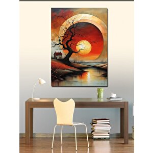 Kanvas Tablo Güneş Agaç Ve Ev Manzara 70x100 cm