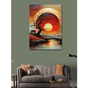 Kanvas Tablo Güneş Agaç Ve Ev Manzara 70x100 cm