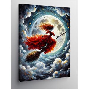 Kanvas Tablo Süpürgede Uçan Kadın Ve Dolunay 100x140 cm