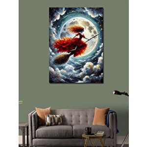 Kanvas Tablo Süpürgede Uçan Kadın Ve Dolunay 100x140 cm