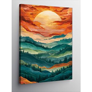 Kanvas Tablo Kırmızı Güneş Ve Orman 70x100 cm