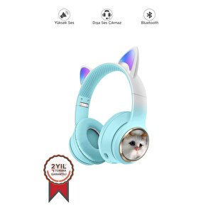 Torima Hd11 Mavi Sevimli Kedi Karükatür Kulak Led Işıklı 5.3 Bluetooth Kulak Üstü Kulaklık