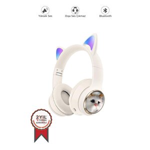 Torima Hd11 Beyaz Sevimli Kedi Karikatür Kulak Led Işıklı 5.3 Bluetooth Kulak Üstü Kulaklık