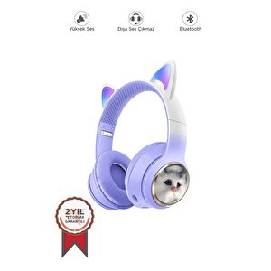 Torima Hd11 Mor Sevimli Kedi Karikatür Kulak Led Işıklı 5.3 Bluetooth Kulak Üstü Kulaklık