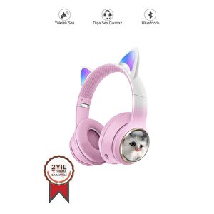 Torima Hd11 Pembe Sevimli Kedi Karikatür Kulak Led Işıklı 5.3 Bluetooth Kulak Üstü Kulaklık