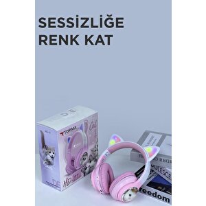 Torima Hd11 Pembe Sevimli Kedi Karikatür Kulak Led Işıklı 5.3 Bluetooth Kulak Üstü Kulaklık
