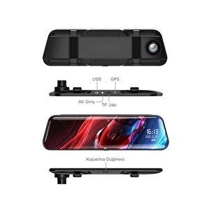 Torima Ta-06 Siyah 1080p Araç Içi Lcd 9.6 Inç Dokunmatik Ekranlı Dikiz Aynası Gece Görüşlü Ön Ve Arka Araç Kamerası