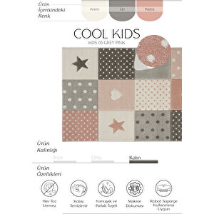Cool Kids 05 Gri Pembe Çocuk Odası Halısı Hav Toz Vermez Yumuşak Dokulu Bebek Odası Halısı 120x180 cm