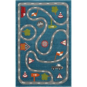 Cool Kids 19 Mavi Gri Çocuk Halısı Hav Vermez Yumuşak Dokulu Araba Yolu Bebek Odası Halısı 160x230 cm