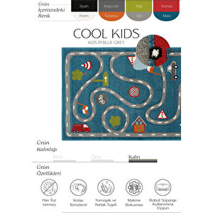 Cool Kids 19 Mavi Gri Çocuk Halısı Hav Vermez Yumuşak Dokulu Araba Yolu Bebek Odası Halısı 160x230 cm