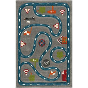 Cool Kids 19 Gri Mavi Çocuk Halısı Hav Vermez Yumuşak Dokulu Araba Yolu Bebek Odası Halısı 160x230 cm