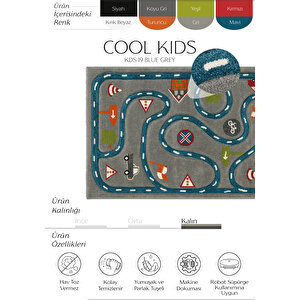 Cool Kids 19 Gri Mavi Çocuk Halısı Hav Vermez Yumuşak Dokulu Araba Yolu Bebek Odası Halısı 160x230 cm