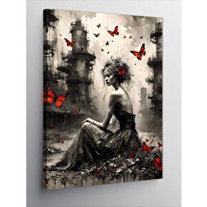 Kanvas Tablo Kırmızı Kelebekler Ve Kadın 70x100 cm