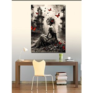 Kanvas Tablo Kırmızı Kelebekler Ve Kadın 100x140 cm