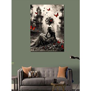 Kanvas Tablo Kırmızı Kelebekler Ve Kadın 100x140 cm