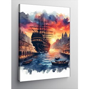 Kanvas Tablo İskeledeki Büyük Gemi Ve Kayıklar 70x100 cm