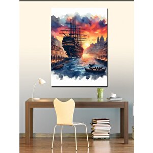 Kanvas Tablo İskeledeki Büyük Gemi Ve Kayıklar 70x100 cm
