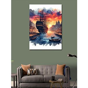Kanvas Tablo İskeledeki Büyük Gemi Ve Kayıklar 70x100 cm