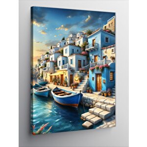 Kanvas Tablo Pembe Çiçekli Evler Ve Kayıklar 100x140 cm