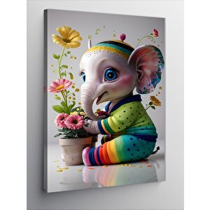 Kanvas Tablo Yavru Fil Ve Saksıdaki Çiçekler 70x100 cm
