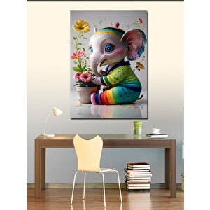 Kanvas Tablo Yavru Fil Ve Saksıdaki Çiçekler 70x100 cm