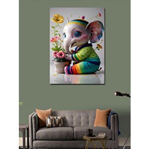 Kanvas Tablo Yavru Fil Ve Saksıdaki Çiçekler 70x100 cm