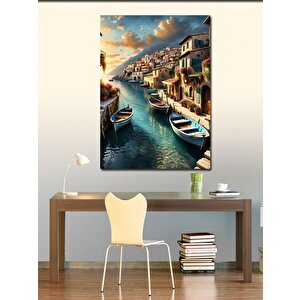 Kanvas Tablo Deniz Kenarındaki Evler Ve Kayıklar 100x140 cm
