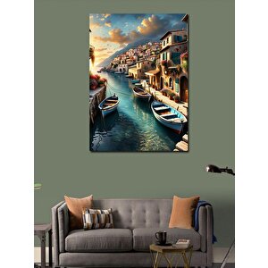 Kanvas Tablo Deniz Kenarındaki Evler Ve Kayıklar 100x140 cm