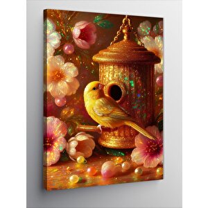 Kanvas Tablo Sarı Serçe Ve Pembe Çiçekler 100x140 cm