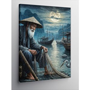 Kanvas Tablo Ay Işıgında Yaşlı Balıkçı Ve Kayıklar 100x140 cm