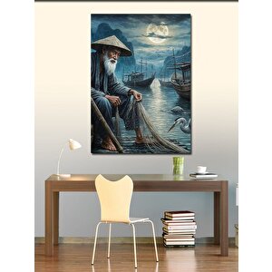 Kanvas Tablo Ay Işıgında Yaşlı Balıkçı Ve Kayıklar 100x140 cm