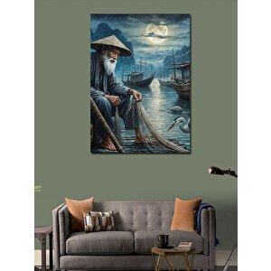 Kanvas Tablo Ay Işıgında Yaşlı Balıkçı Ve Kayıklar 100x140 cm