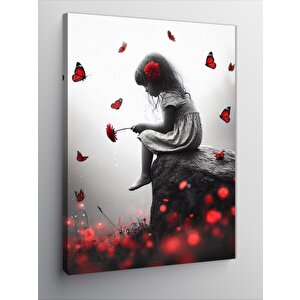 Kanvas Tablo Kırmızı Kelebekler Ve Küçük Kız 70x100 cm