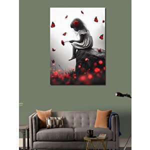 Kanvas Tablo Kırmızı Kelebekler Ve Küçük Kız 70x100 cm