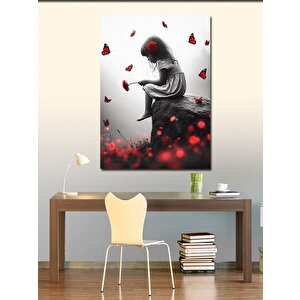 Kanvas Tablo Kırmızı Kelebekler Ve Küçük Kız 100x140 cm