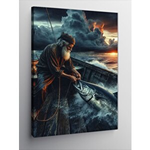 Kanvas Tablo Kayıkta Yaşlı Balıkçı Ve Bulutlar 100x140 cm