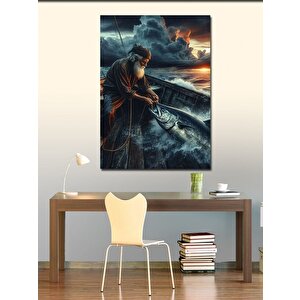 Kanvas Tablo Kayıkta Yaşlı Balıkçı Ve Bulutlar 100x140 cm