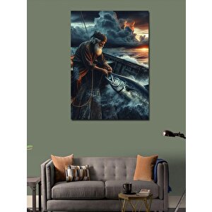 Kanvas Tablo Kayıkta Yaşlı Balıkçı Ve Bulutlar 100x140 cm