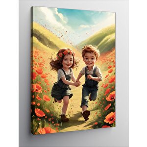 Kanvas Tablo Çiçekli Yolda Koşturan Çocuklar