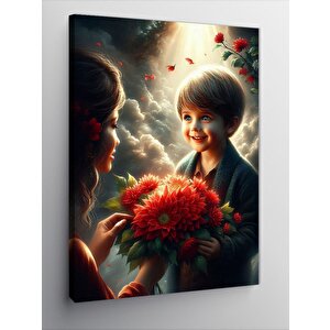 Kanvas Tablo Kırmızı Çiçek Veren Çocuk Ve Kadı 100x140 cm